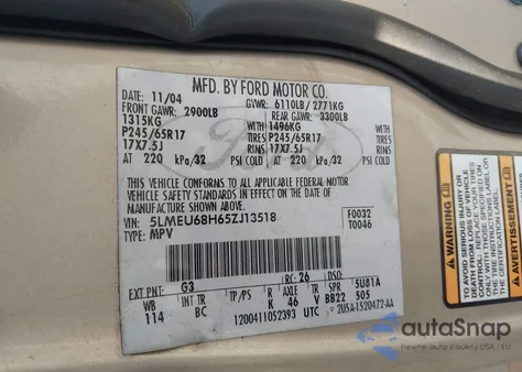 2005 Lincoln Aviator z USA, uszkodzony, nr VIN 5LMEU68H65ZJ13518